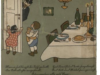 Illustration of two children greeting a man at the door to a dining room, where the table is set with flowers, cake, and lit candles.