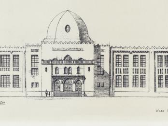 Drawing of exterior of long building.