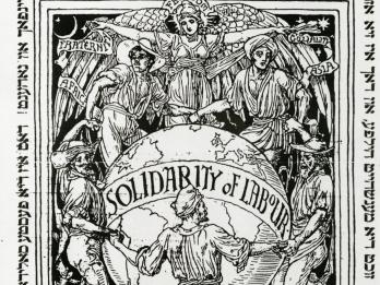 Newspaper page with Yiddish and English title and drawing of workers circling the globe wrapped in a banner that states "Solidarity of Labour."