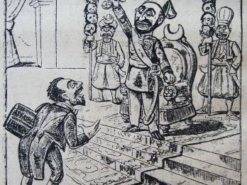 Drawing of man speaking to another man in robes on a dais, holding a dripping sword, with two men holding impaled human heads behind him.