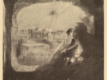 Painting of woman with headcovering framed in opening with cityscape in background.