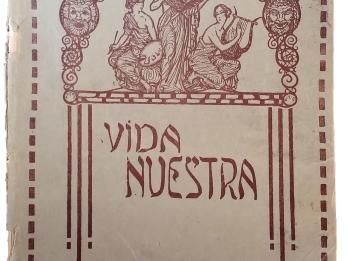 Printed page with Spanish title in center, below image of three goddesses holding lyre, book, and palette.
