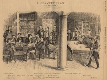 Print of men sitting around a table in room with central column.