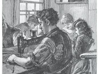 Illustration of four figures sitting at a table, sewing.