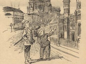 Engraving of two people speaking in the street.