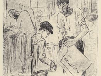 Drawing of man buying a newspaper from a young boy with other men in the background.
