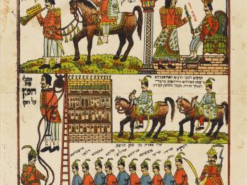 Illustration in three horizontal and one vertical panel, depicting figures on horseback, a king, a row of soldiers in chains, and a man hanging.
