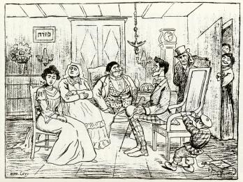 Drawing of women seated in front of a man as two men spy on the scene from behind a door.