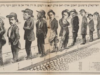 Drawing of men, wearing hats, standing in a line. Yiddish text appears above and below them.
