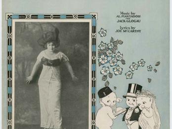 Page with English title and photograph of woman in dress, next to drawings of three baby-like figures, one in dress, one in suit, and one with beard and hat.