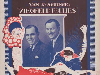 Poster with English text and photograph of two men, surrounded by drawing of a clown and a woman in a mask dancing.