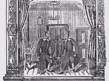 Printed page with Yiddish heading and drawing of two figures on a stage.