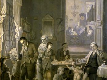 Painting of people of various ages in room, several of whom light a candelabrum by the window.