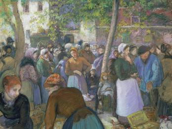 Painting of many people in a crowded outdoor space.