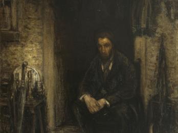 Portrait painting of figure seated in doorway next to several umbrellas.