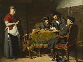 Painting of young woman standing next to three men seated at a table with open books.