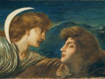 Painting of two faces close together, one of whom has a crescent moon above their head.