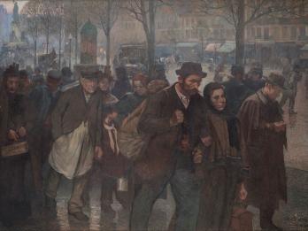 Painting of men and women wearily walking through the street.