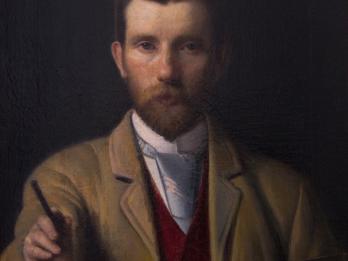 Portrait painting of man in tie looking at viewer, holding paintbrush in one hand and palette in the other.