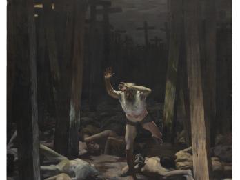 Painting of wide-eyed man walking through dead bodies and crucifixes.