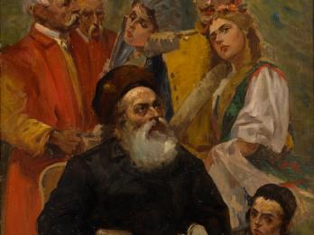 Painting of people with attentive expressions standing around seated, bearded figure.