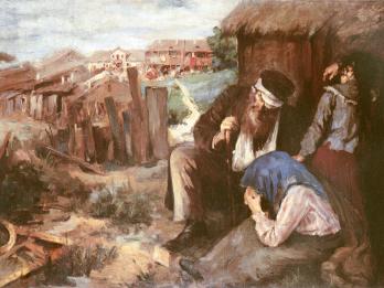 Painting of woman crying next to man and child amid ruins in foreground, and city in background.