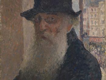 Portrait painting of bearded man in hat and glasses, and cityscape visible through window behind him.