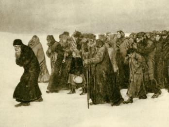 Painting of figures in coats, scarves, and hats walking in a crowd.