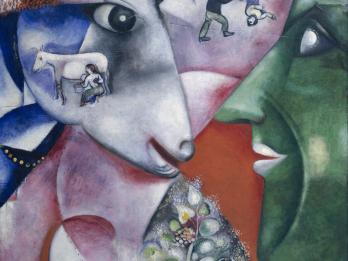 Painting of sheep head and human head in profile facing each other, overlaid with overlapping smaller animals, human figures, houses, tools, and trees.