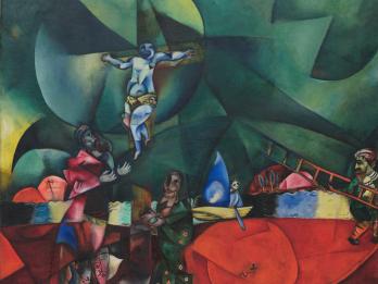 Painting of man on cross surrounded by geometric shapes and two figures in foreground.