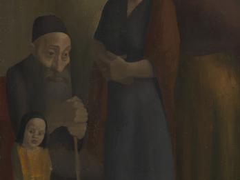 Painting of child standing and woman in headcovering standing on either side of a man in head covering sitting with cane.