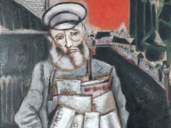 Painting of man facing viewer with bag of newspapers around his neck, in the middle of a city street.