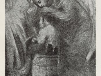 Painting of angel with hand resting on the head of a young boy seated on a barrel.