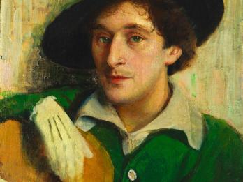 Painting of man in hat holding palette and looking at viewer.