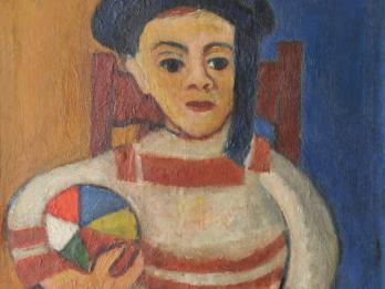 Painting of boy with hat seated and holding a ball.