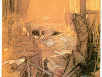 Sketch of man gazing down at a woman on the ground amid ruins of a building.