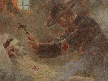 Painting depicting man in hat holding a crucifix over a dying man in a bed.