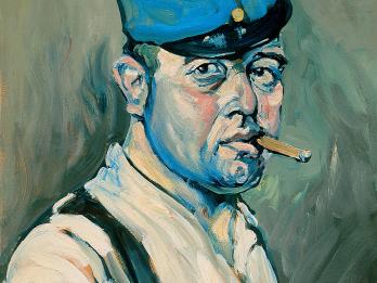 Portrait painting of man facing viewer, wearing hat and suspenders and holding cigarette in his mouth.