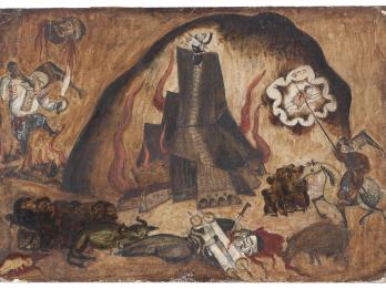 Painting of central rock-like formation surrounded by figures charging with bloody swords, and bloody figure lying on ground clutching a Torah scroll.