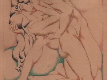 Drawing of two nude figures embracing.
