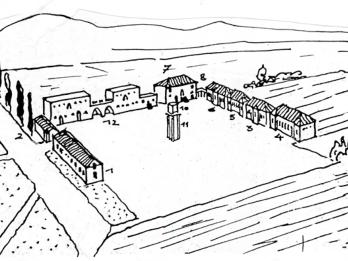 Illustration of open square surrounded by buildings and fields.