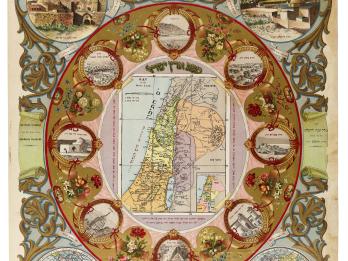 Image with map of Israel in center, surrounded by smaller maps, drawings of sandstone buildings, and decorative flourishes.