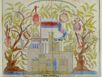 Illustration of brick building surrounded by trees with musical instruments hanging on them, and Hebrew phrases throughout.