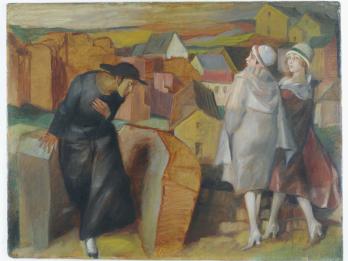 Painting of two young women next to low wall and a hunched-over man in sidelocks and hat looking at them.
