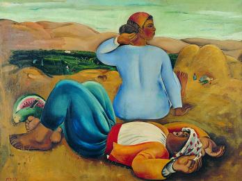 Painting of man laying on ground with watermelon at his feet and woman facing away from viewer towards hills in the background. 