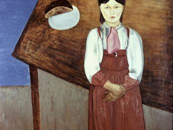 Painting of girl standing in front of slanted table with scrap of black bread.