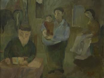 Painting of bearded man sitting at desk, woman standing holding baby behind him, and figure sitting to the side. 