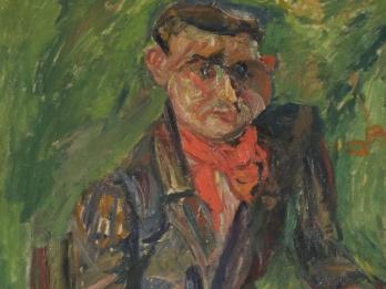 Painting of man sitting at table wearing suit and bandana around neck.