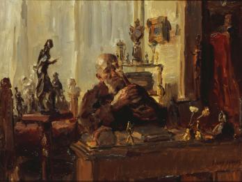Painting of man with beard sitting at desk examining an object at table filled with small sculptures.