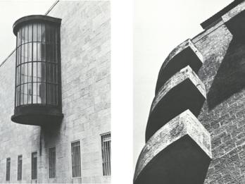 Photograph of building with stone wall and cylindrical window; photograph of stone wall building exterior with triangular balconies. 